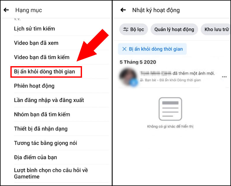 Chọn Bị ẩn khỏi dòng thời gian